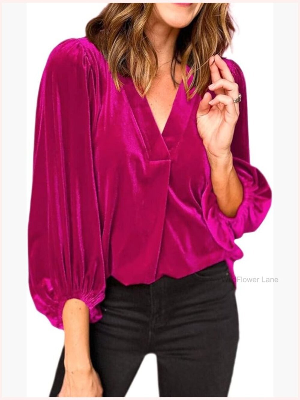 Velvet V Neck 3/4 Puff Sleeve Tunic Top Women Casual Holiday Shirt